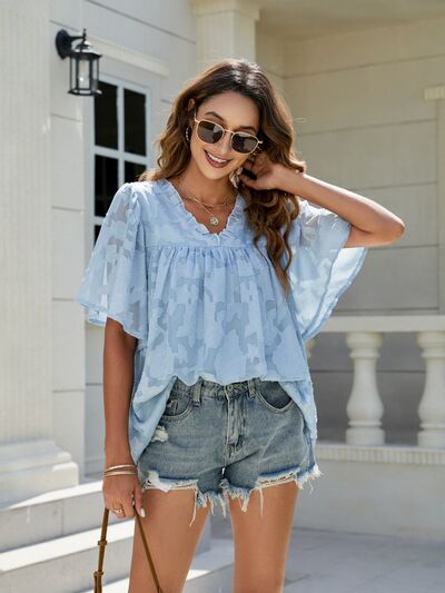 Frill V-Neck Half Sleeve Blouse