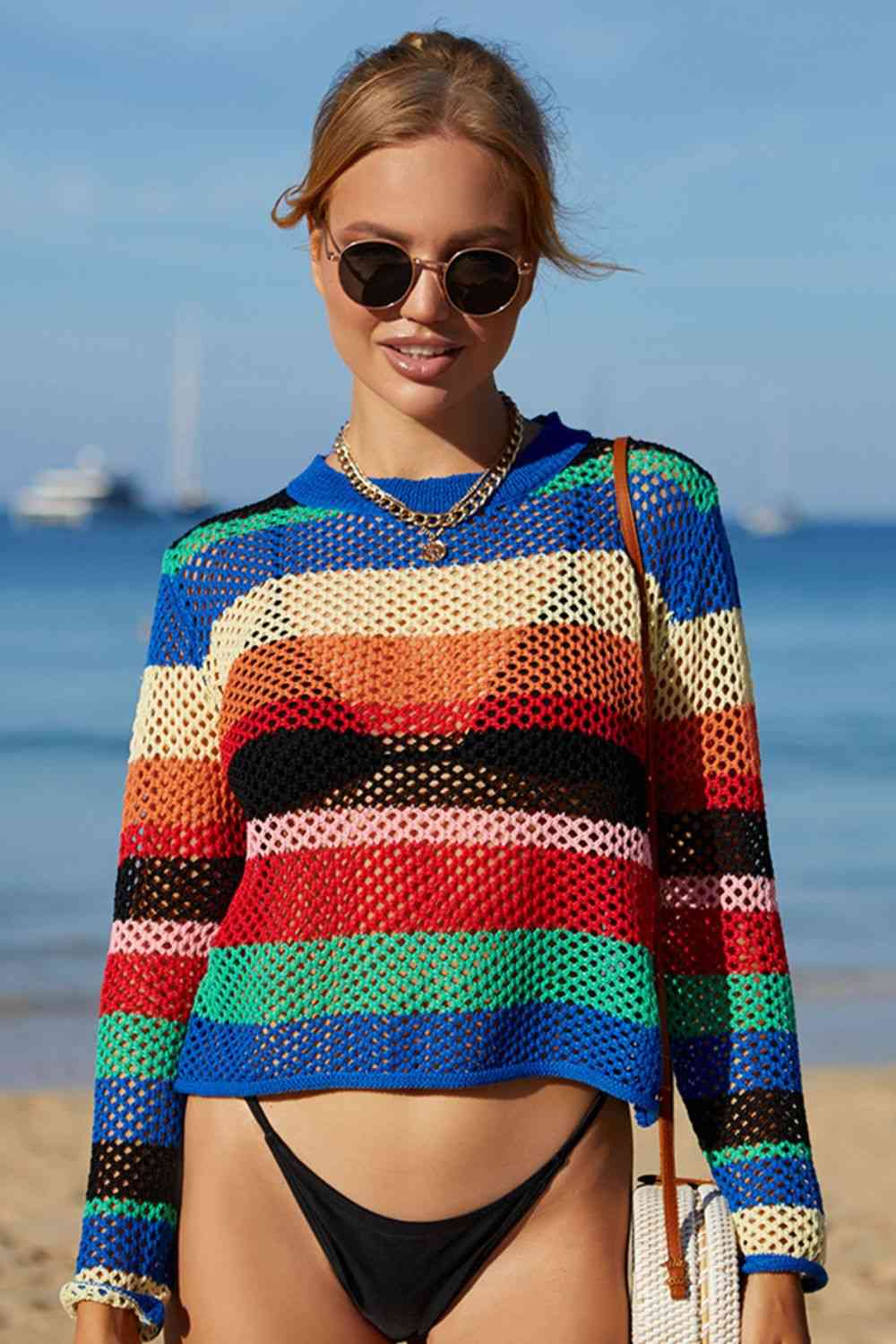 Rainbow Stripe Openwork Long Sleeve Cover-Up