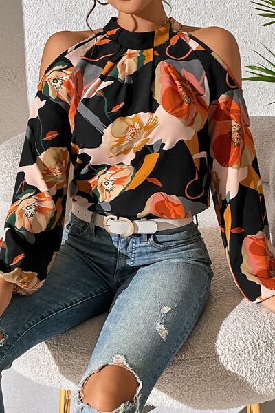 Floral Cold Shoulder Balloon Sleeve Blouse