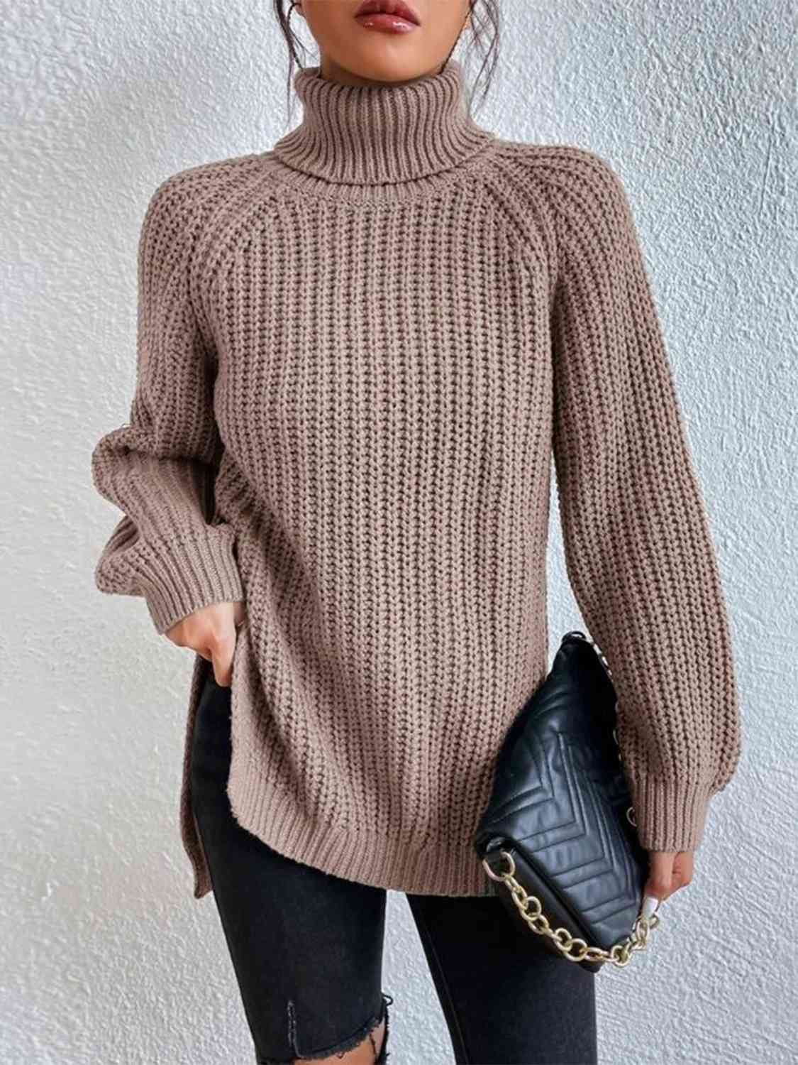 Full Size Turtleneck Rib-Knit Slit Sweater