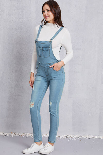 Distressed Washed Denim Overalls with Pockets