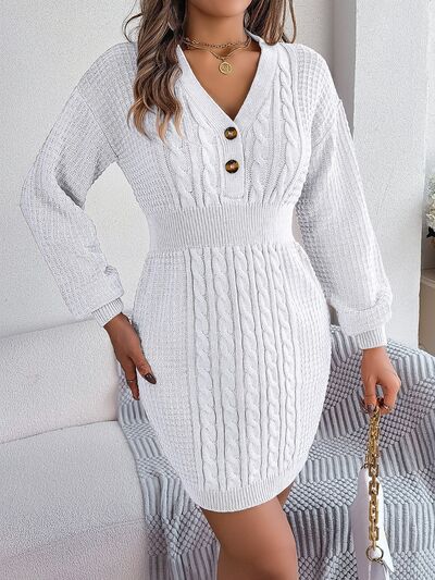 Buttoned Cable-Knit V-Neck Sweater Dress